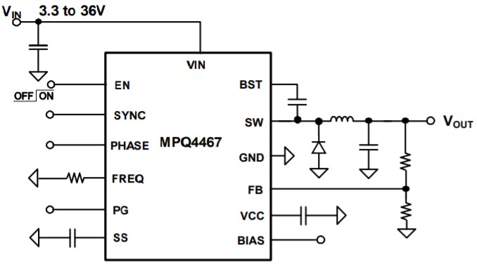Application Circuit Diagram - Monolithic Power Systems (MPS) MPQ4467-AEC1 36V 2.5A Step-Down Converter